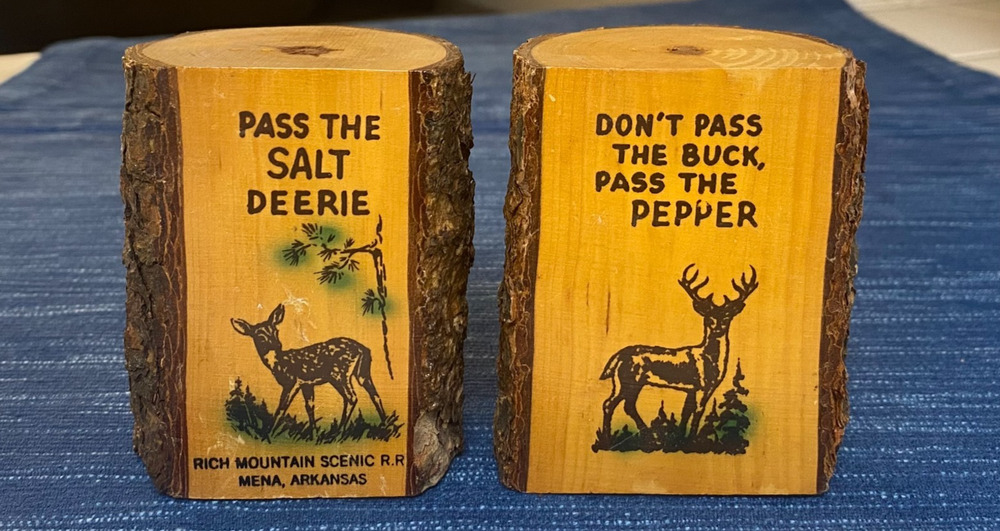 Vtg Rich Mountain Scenic Railroad Train Mena Arkansas Wood Salt & Pepper Shakers